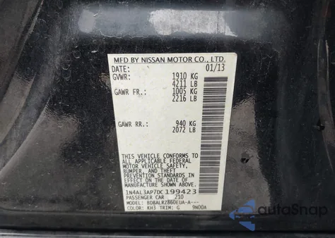 2013 Nissan Altima 2.5 S z USA, uszkodzony, nr VIN 1N4AL3AP7DC199423